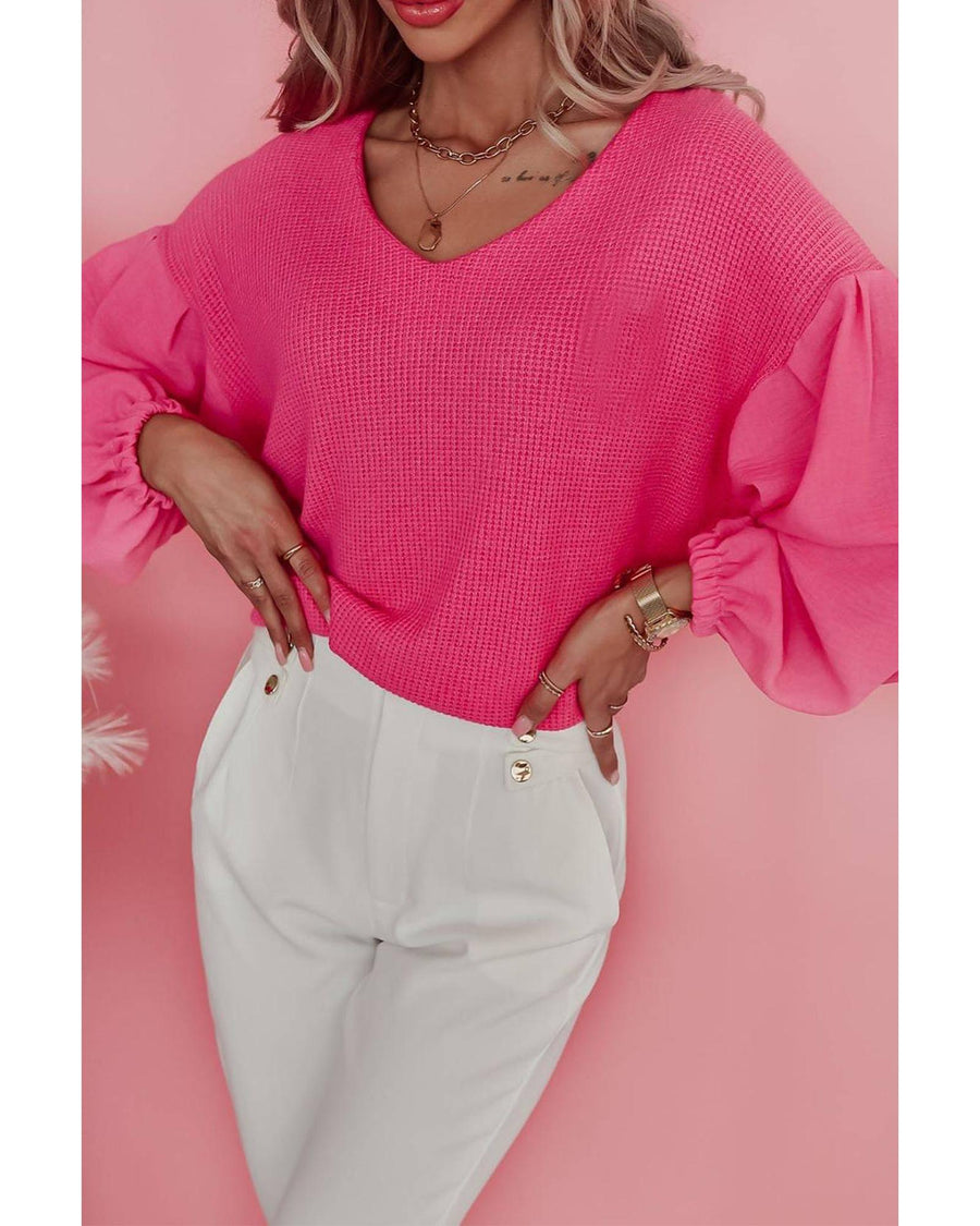 Rose Waffle Knit Balloon Sleeve Splicing V Neck Top - XL