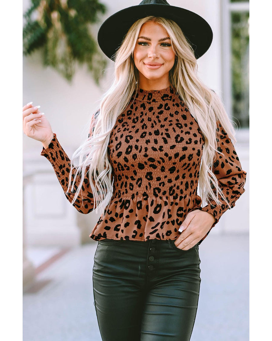 Brown Leopard Smocked Puff Sleeve Peplum Top - L