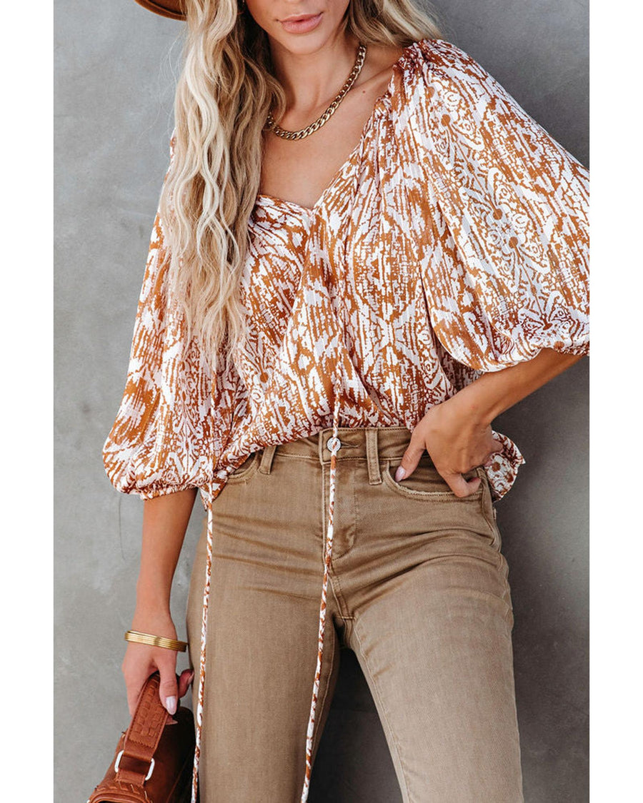 Azura Exchange Printed Drawstring Neckline 3/4 Sleeve Blouse - XL