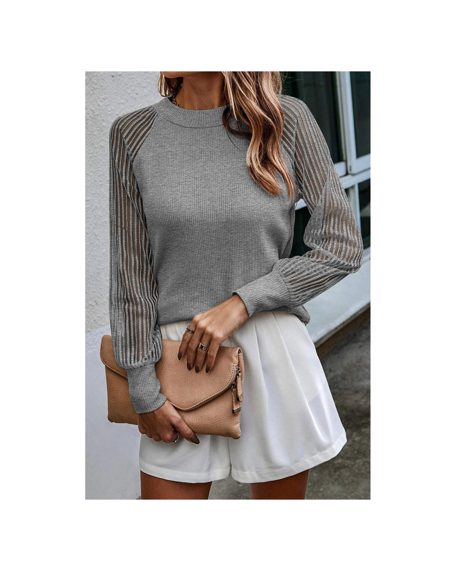 Azura Exchange Striped Mesh Long Sleeve Ribbed Top - L