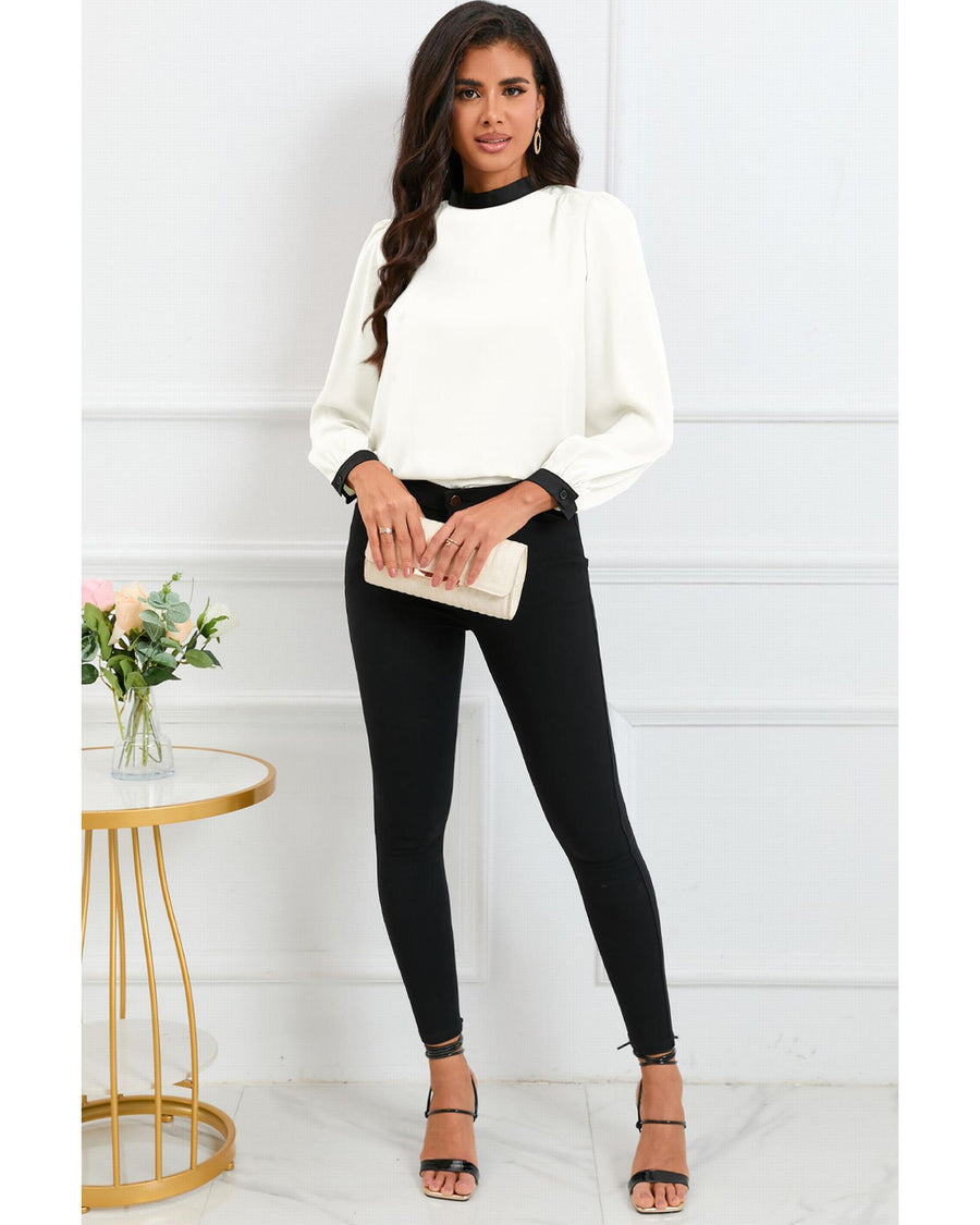 White Color Block Bow Back Mock Neck Blouse - 2XL