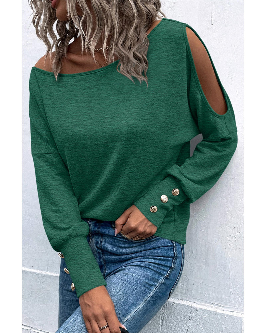 Green Asymmetrical Cut Out Buttoned Long Sleeve Top - S