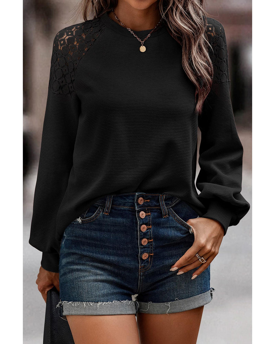 Black Lace Long Sleeve Textured Pullover - XL