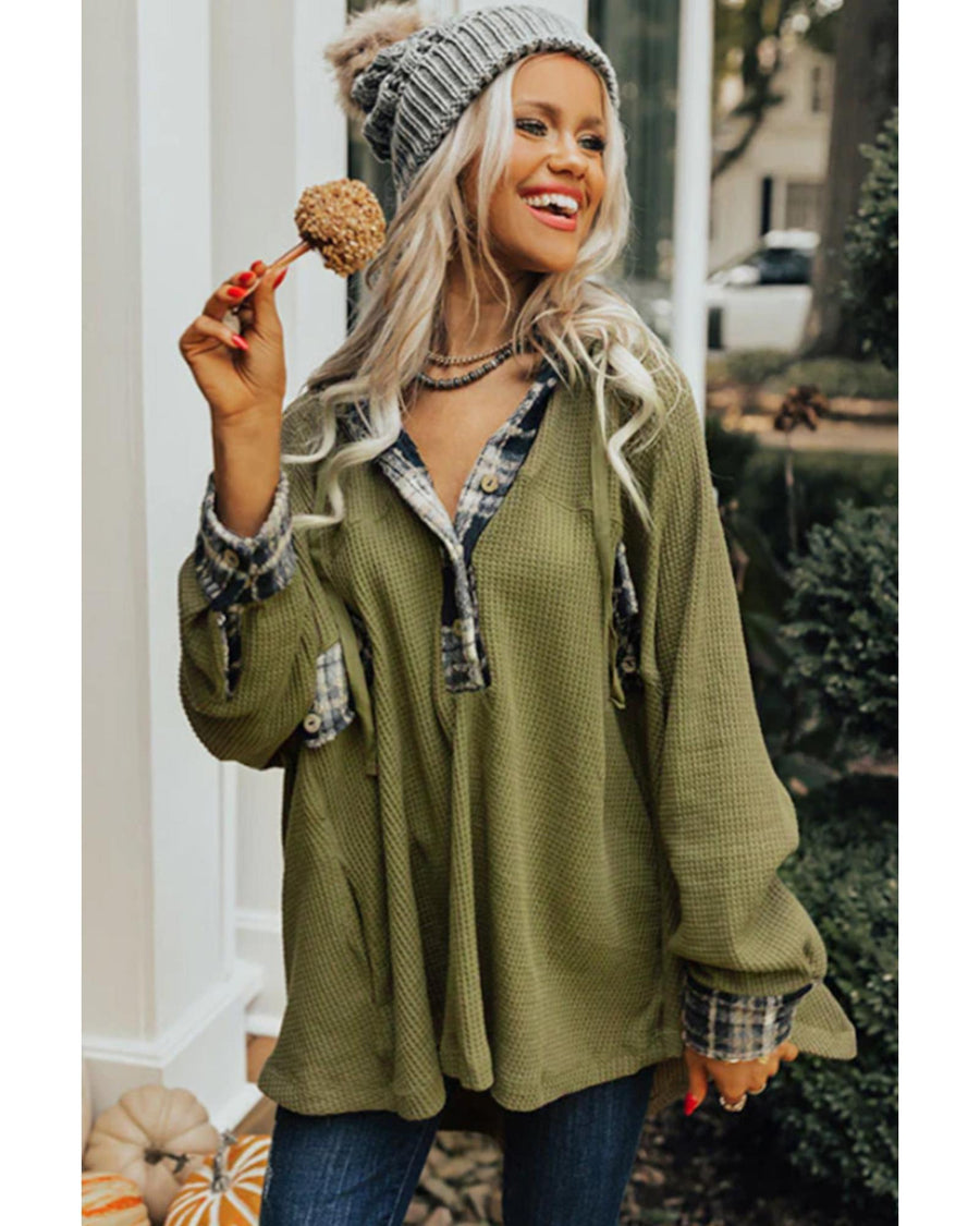 Green Flowy Plaid Accent Waffle Knit Henley Hoodie - L