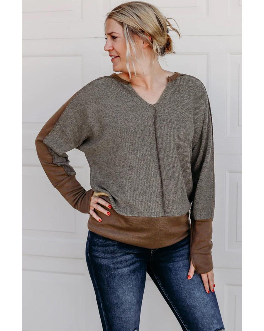 Brown Contrast Patchwork Thumbhole Sleeve Top - M