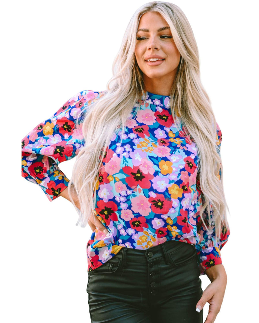 Blue Mock Neck Bubble Sleeve Floral Print Blouse - M