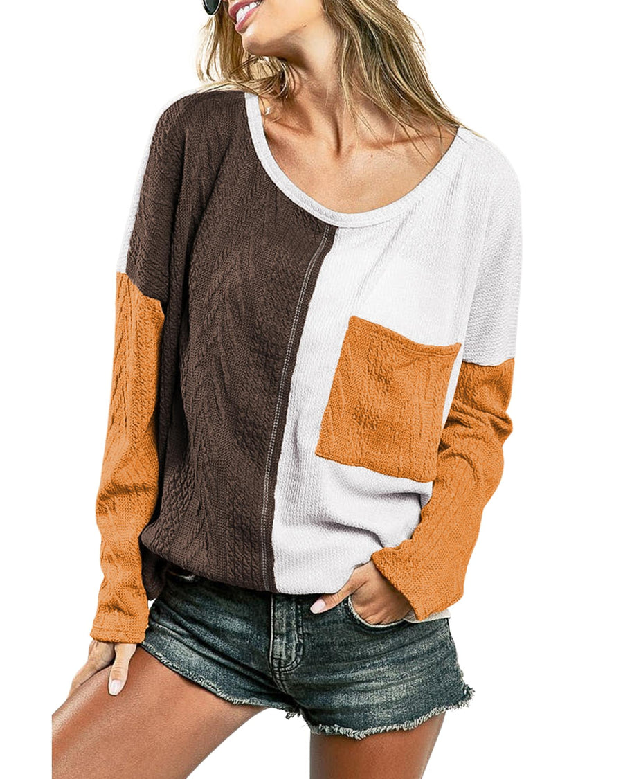 Brown Color Block Patchwork Chest Pocket Long Sleeve Top - M