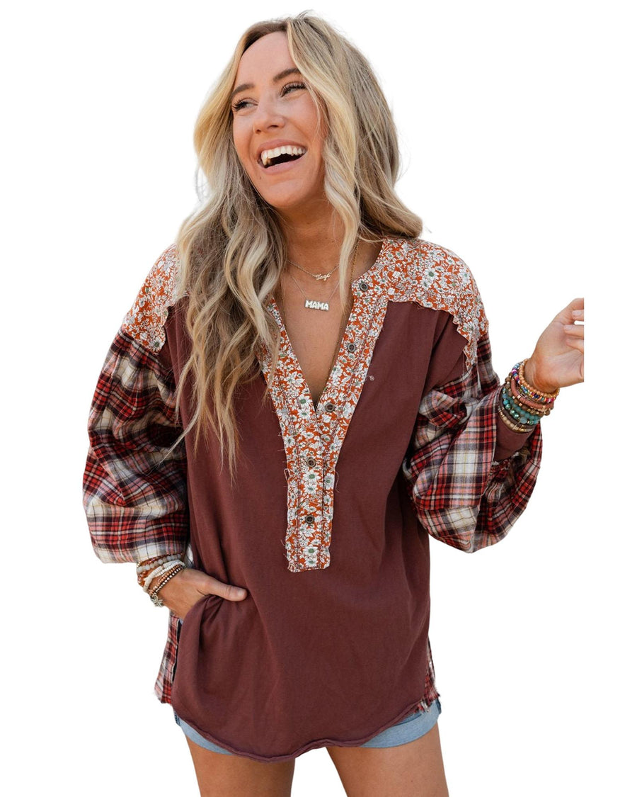 Red Floral Plaid Mixed Print Bishop Sleeve Patchwork Top - L