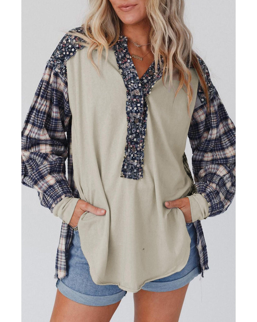 Blue Floral Plaid Mixed Print Bishop Sleeve Patchwork Top - S