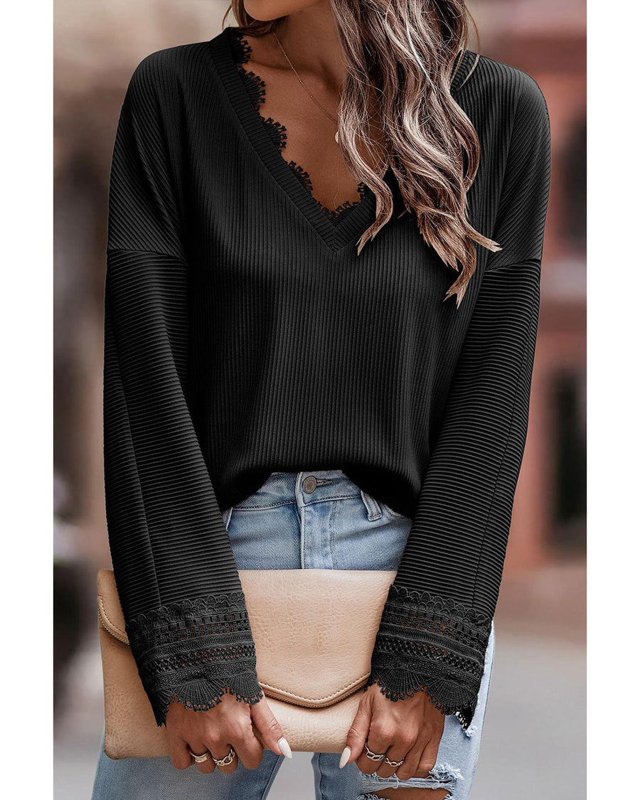 Azura Exchange Ribbed Texture Lace Trim V Neck Long Sleeve Top - 2XL