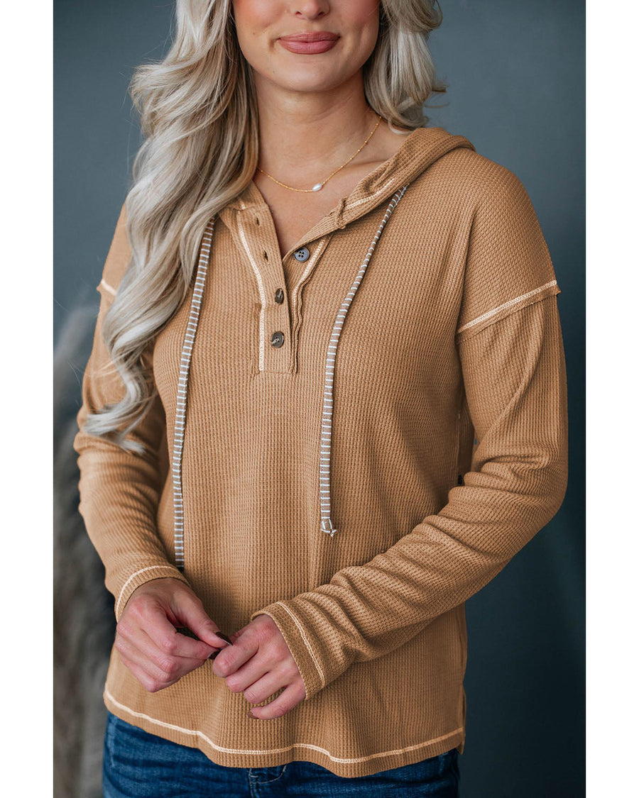 Azura Exchange Khaki Waffle Knit Henley Hooded Top - L