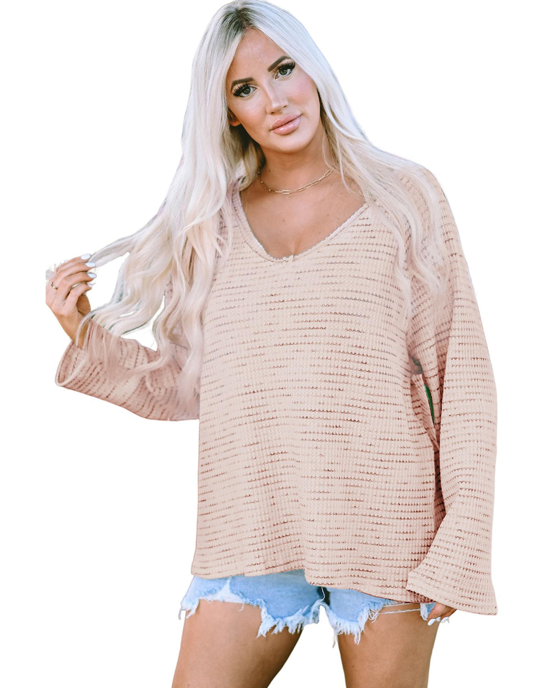 Pink Waffled Knit Long Sleeve V-Neck Frayed Top - XL