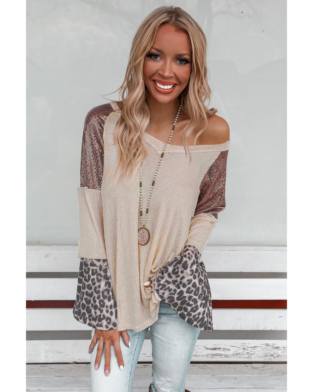 Leopard Sequin Patchwork Bell Sleeve V Neck Tunic Top - S