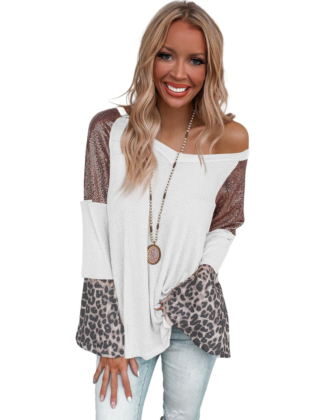White Sequin Patchwork Bell Sleeve V Neck Tunic Top - L