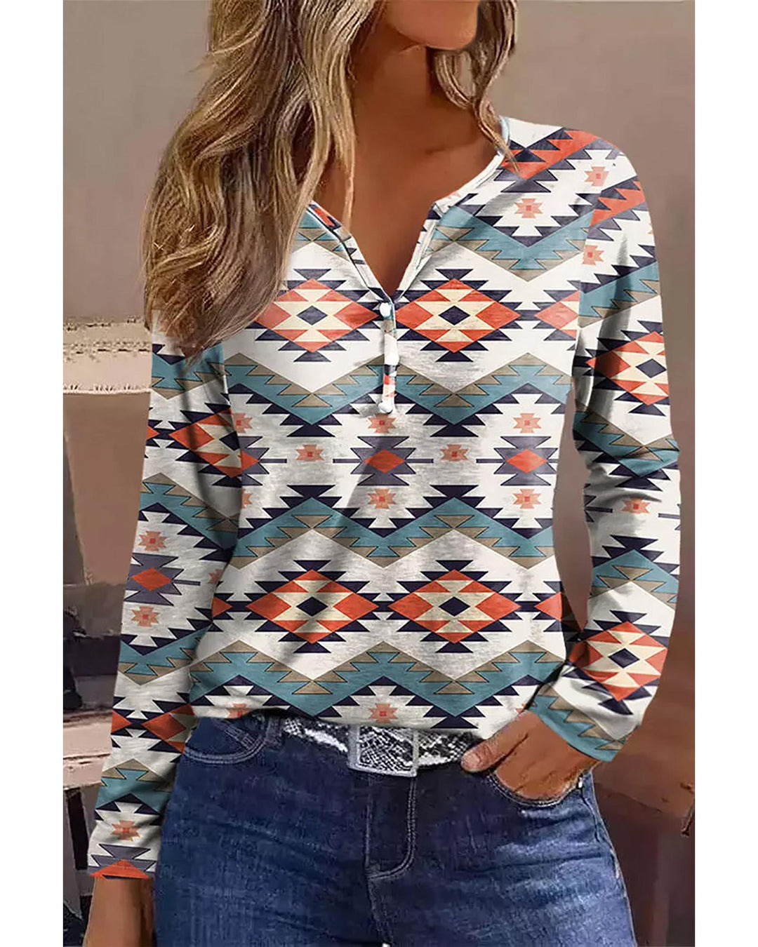 White Aztec Geometric Print Long Sleeve Henley Top - S
