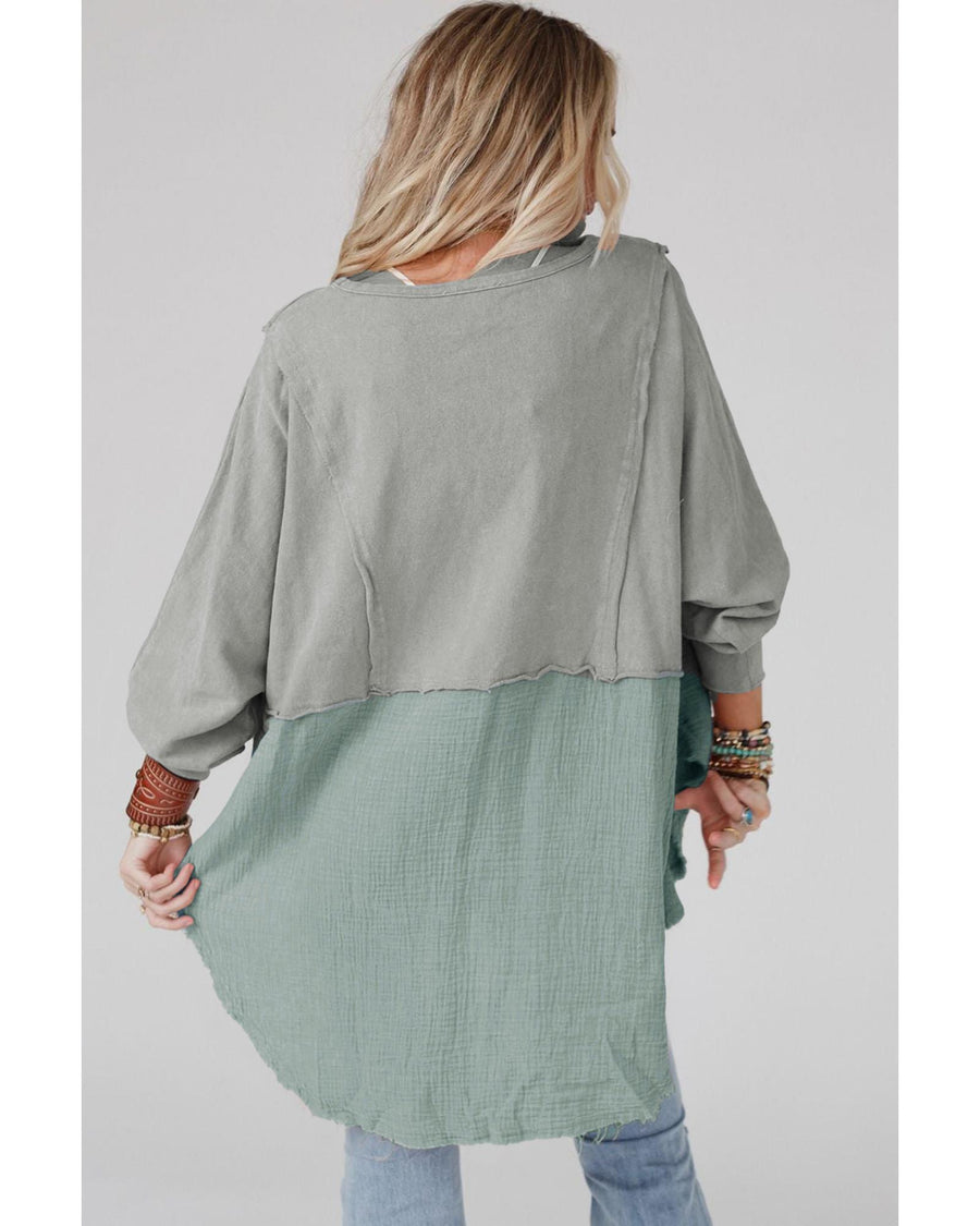 Grey Crinkle Splicing Raw Hem High Low Oversized Blouse - S