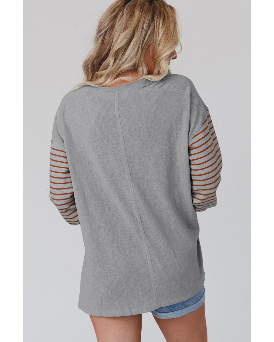 Gray Colorblock Striped Bishop Sleeve Top - XL