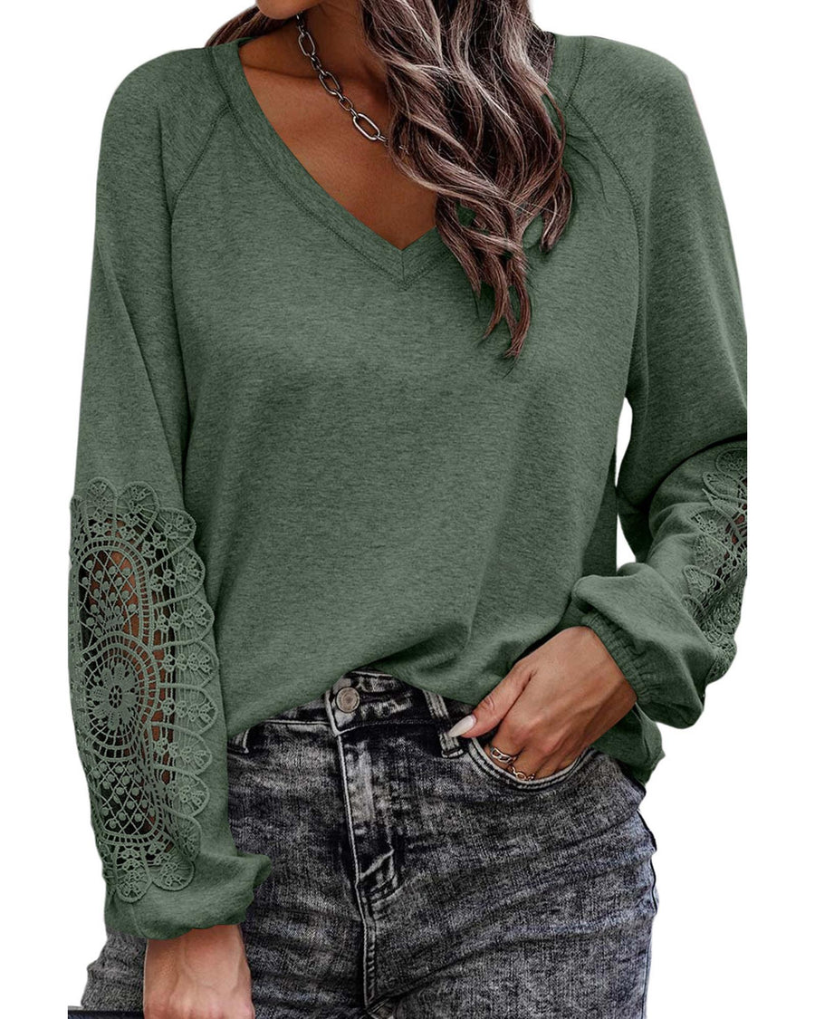 Green Crochet Lace Patch Raglan Sleeve Top - S