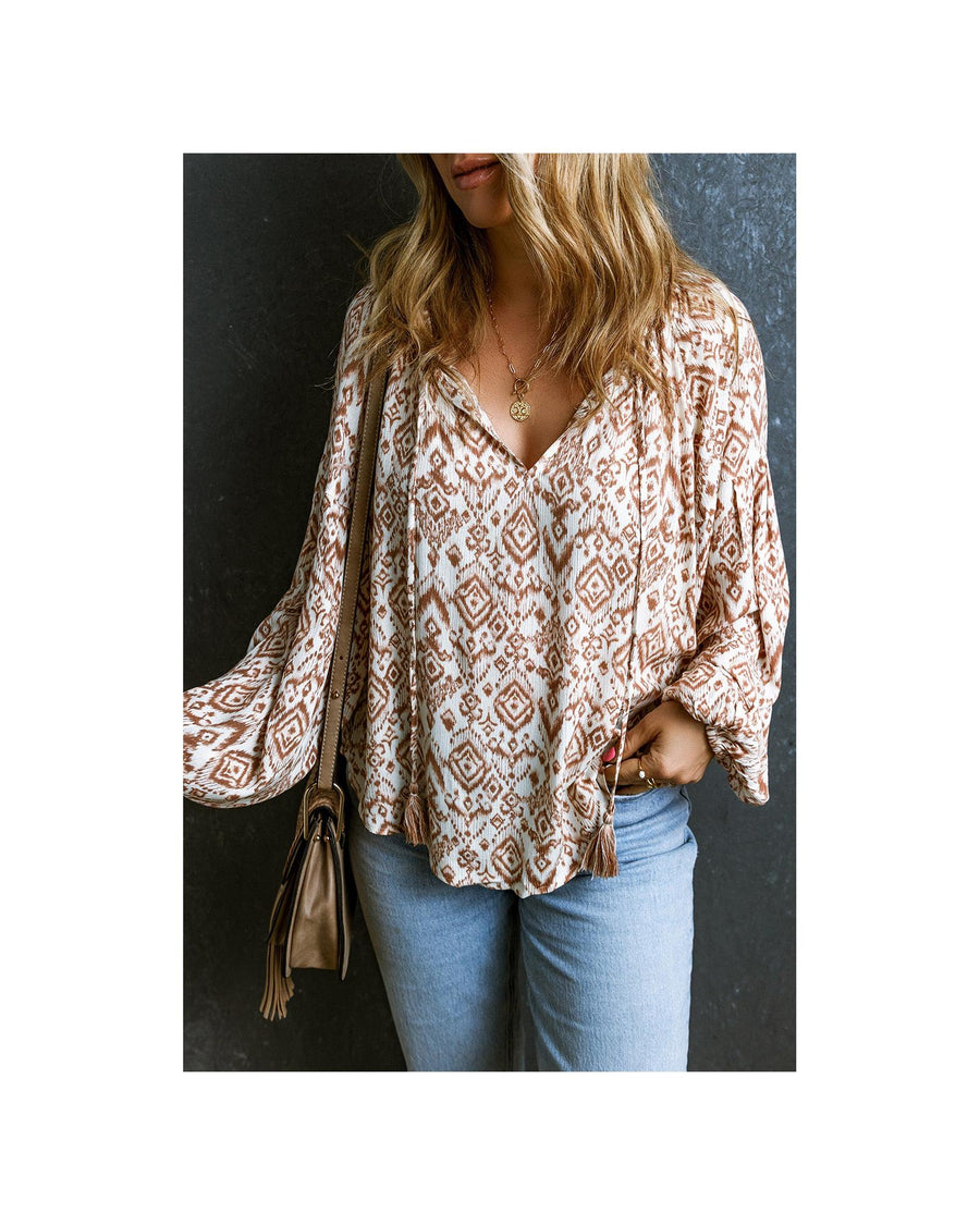 Azura Exchange Western Print Balloon Sleeve Tassel Blouse - L