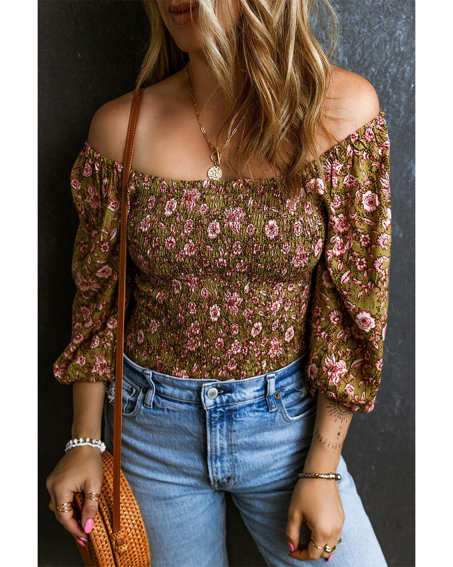 Azura Exchange Floral Print Shirred Off Shoulder Blouse - S