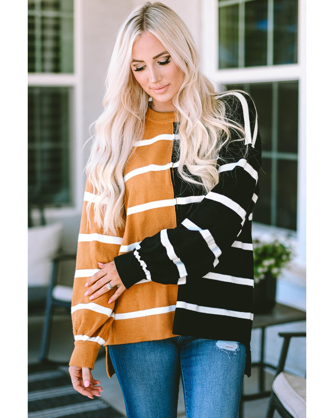Stripe Oversized Contrast Printed Dropped Shoulder Top - L
