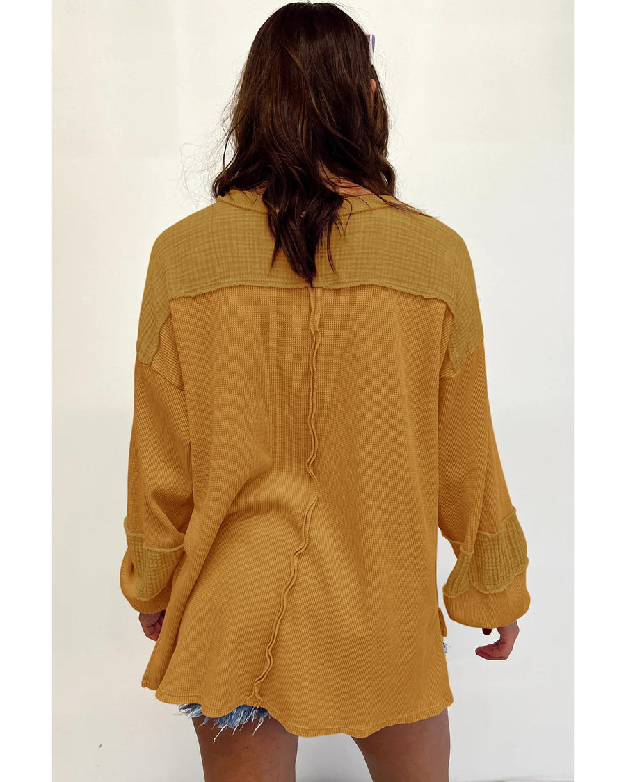 Exposed Seam Patchwork Bubble Sleeve Waffle Knit Top - 2XL