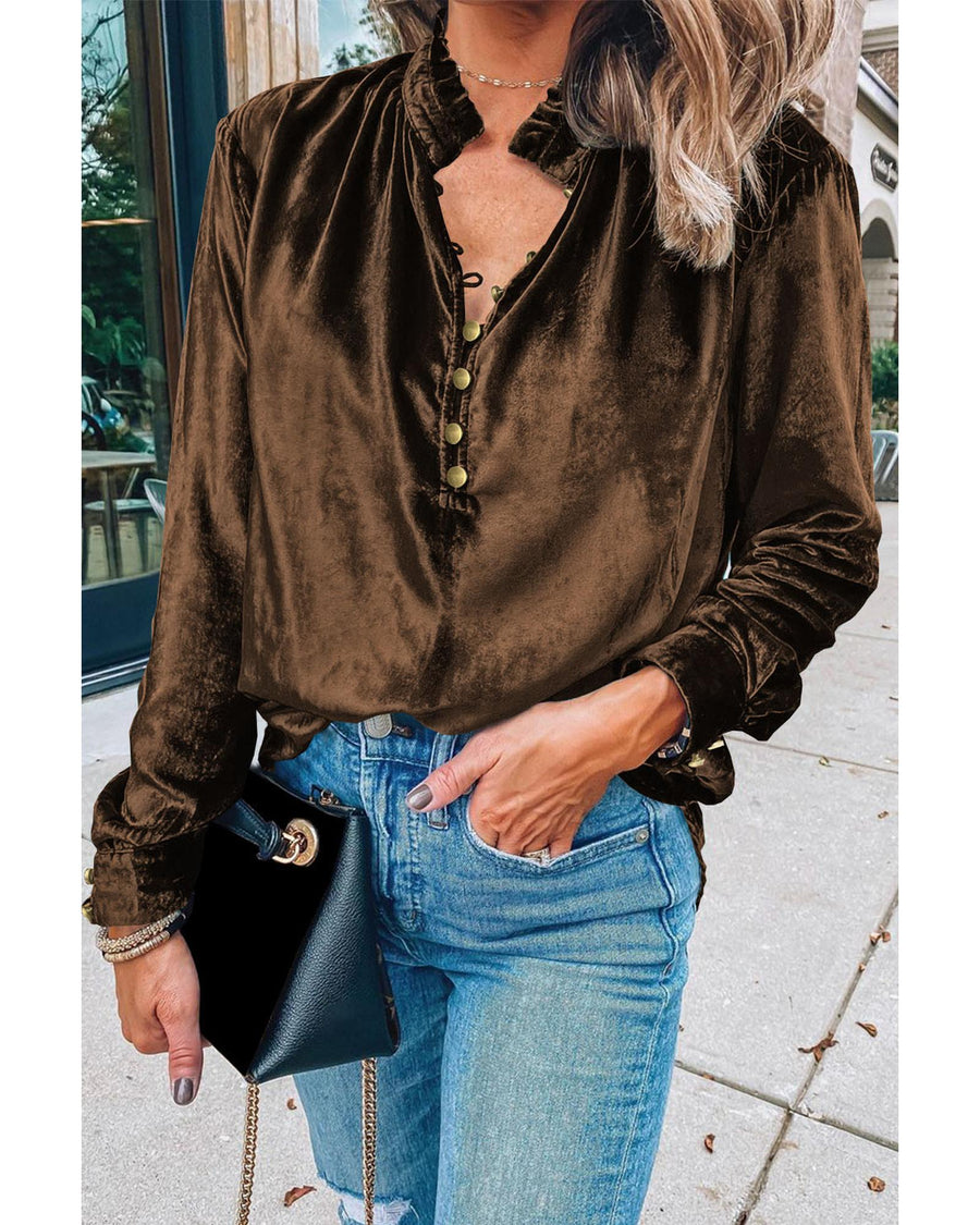 Desert Palm Frilled Neck Buttoned Front Velvet Top - XL