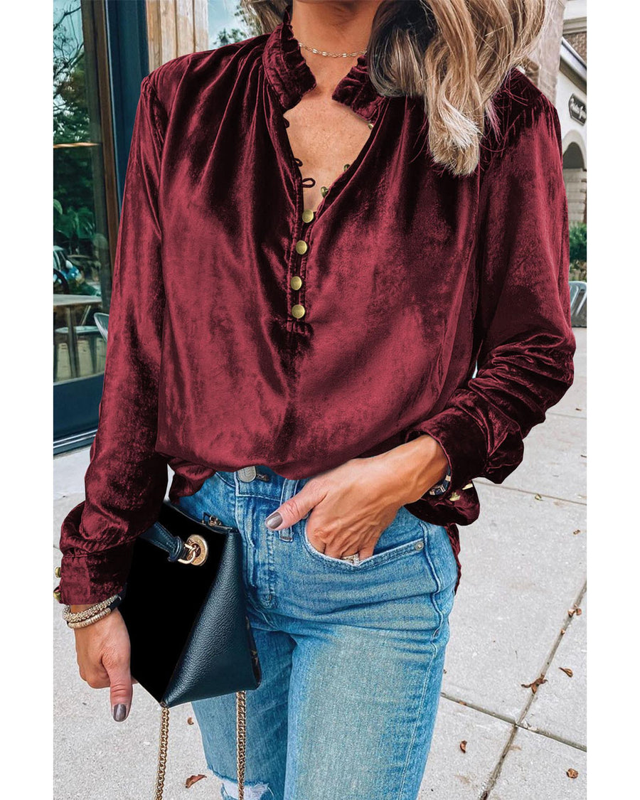 Biking Red Frilled Neck Buttoned Front Velvet Top - L