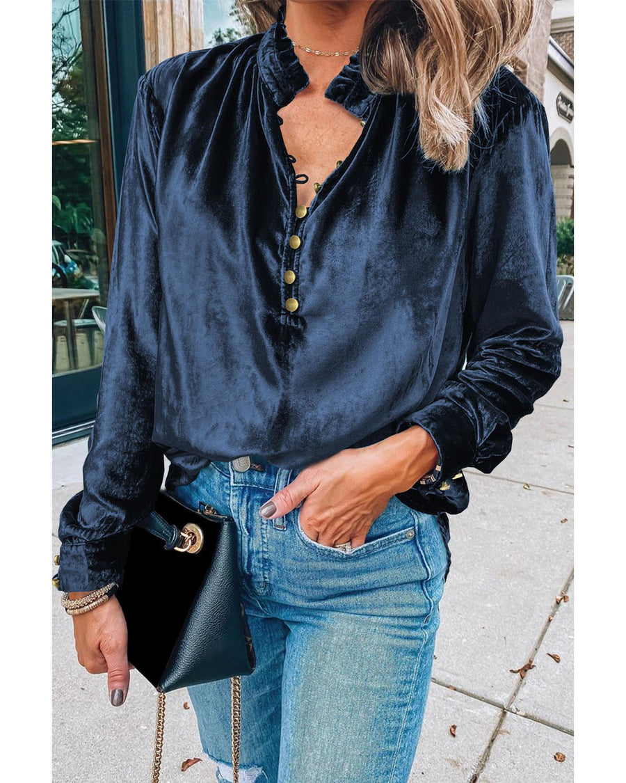 Navy Blue Frilled Neck Buttoned Front Velvet Top - M