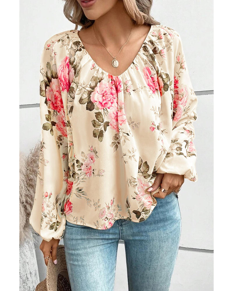 Azura Exchange Floral Print V-Neck Lantern Sleeve Blouse - 2XL