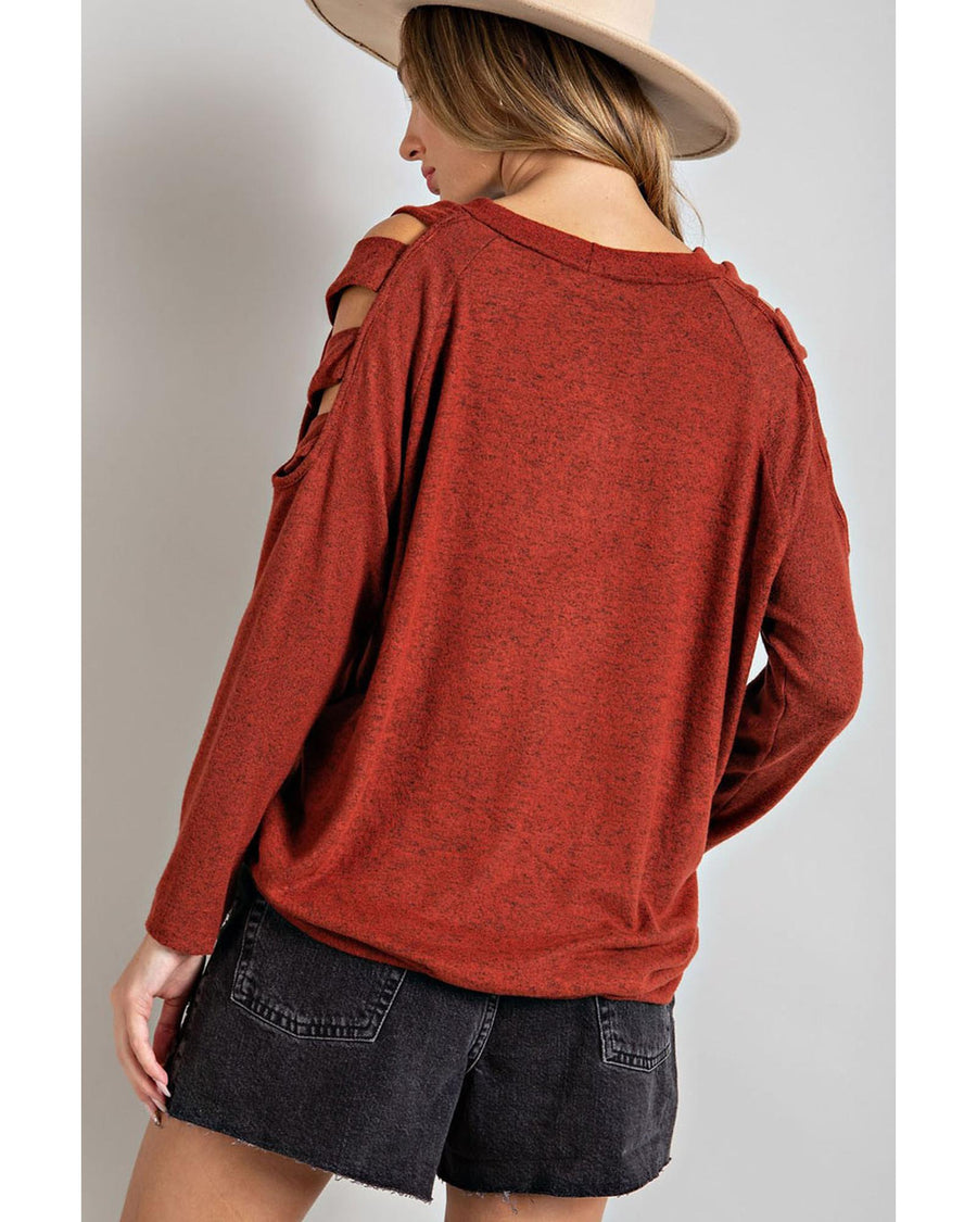 Orange Cutout Cold Shoulder Long Sleeve Top - M