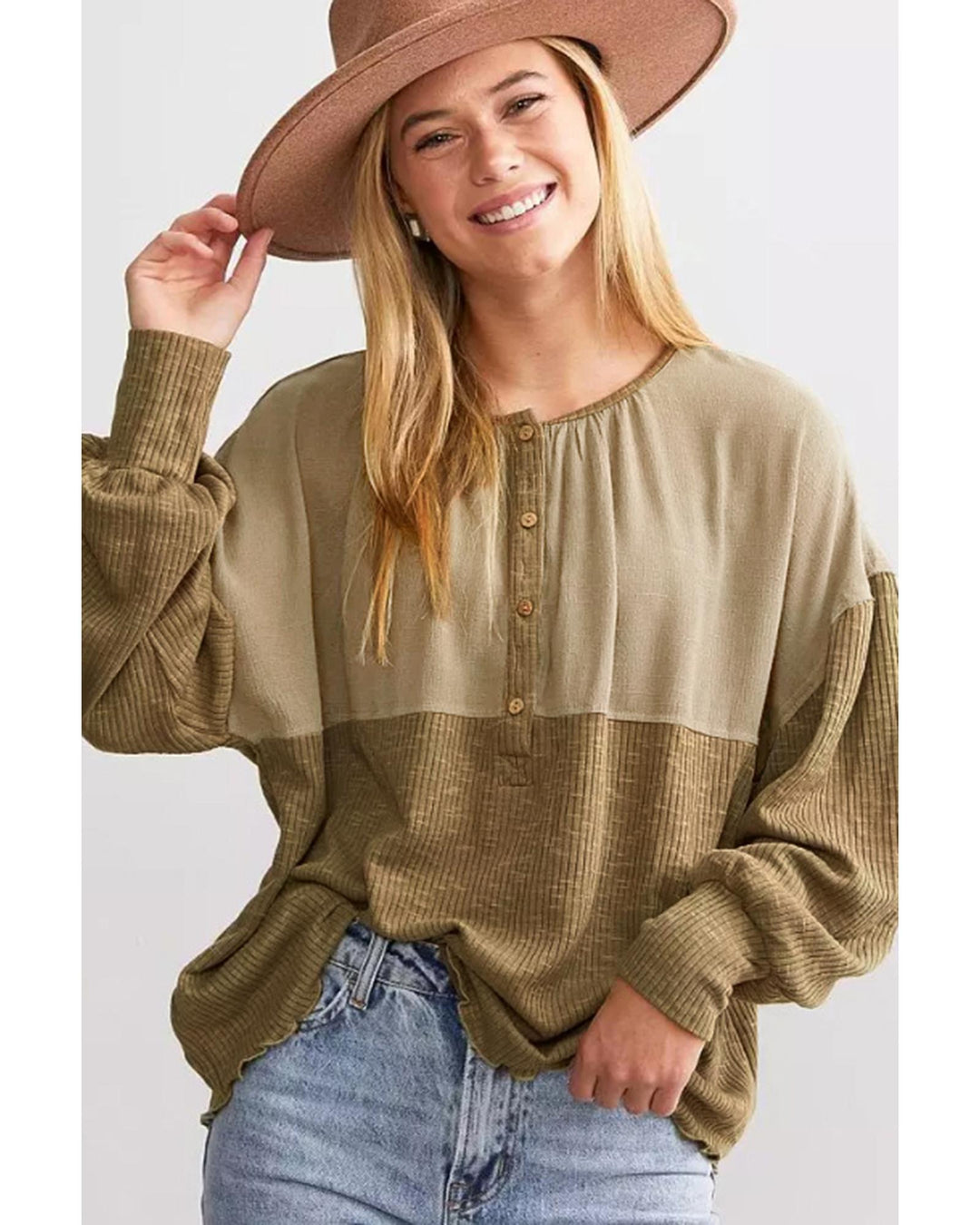 Khaki Ribbed Patchwork Drop Shoulder Buttoned Neckline Blouse - XL
