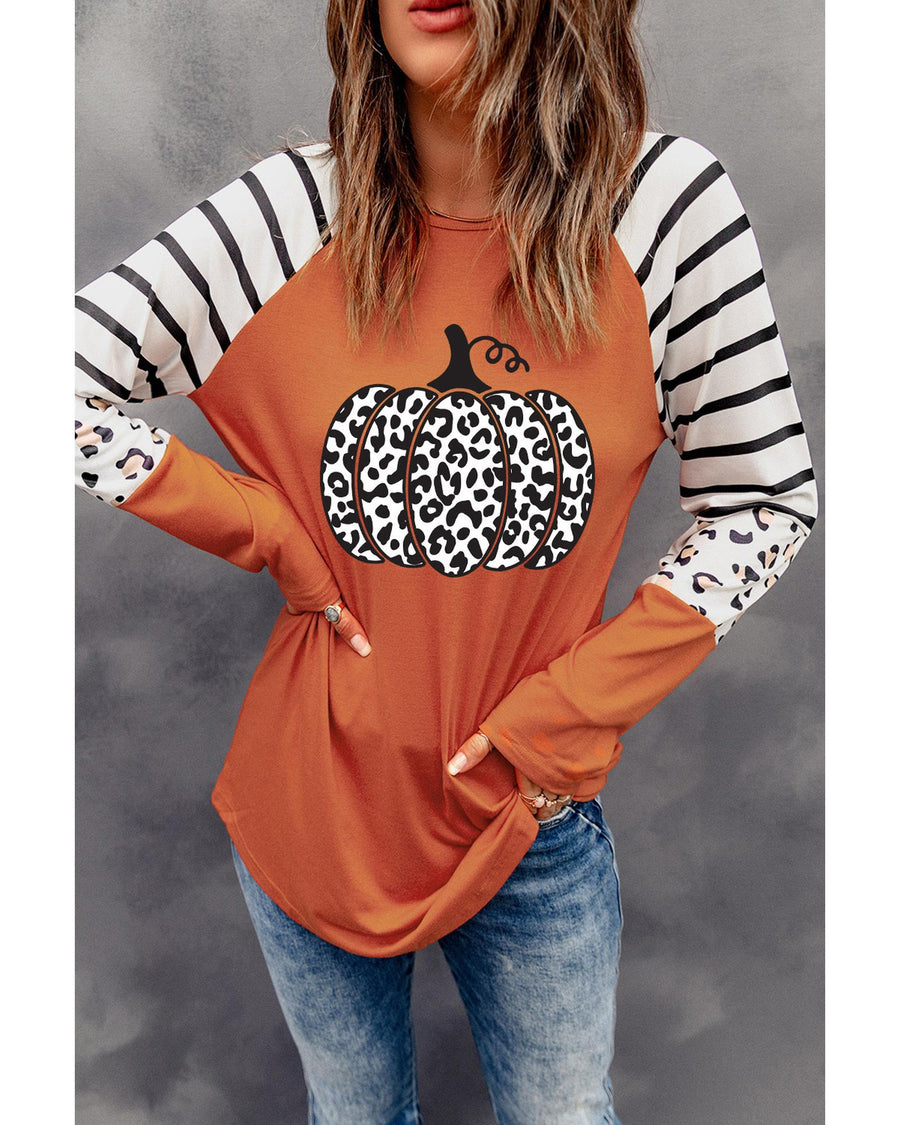 Orange Leopard Pumpkin Graphic Contrast Long Sleeve Top - M