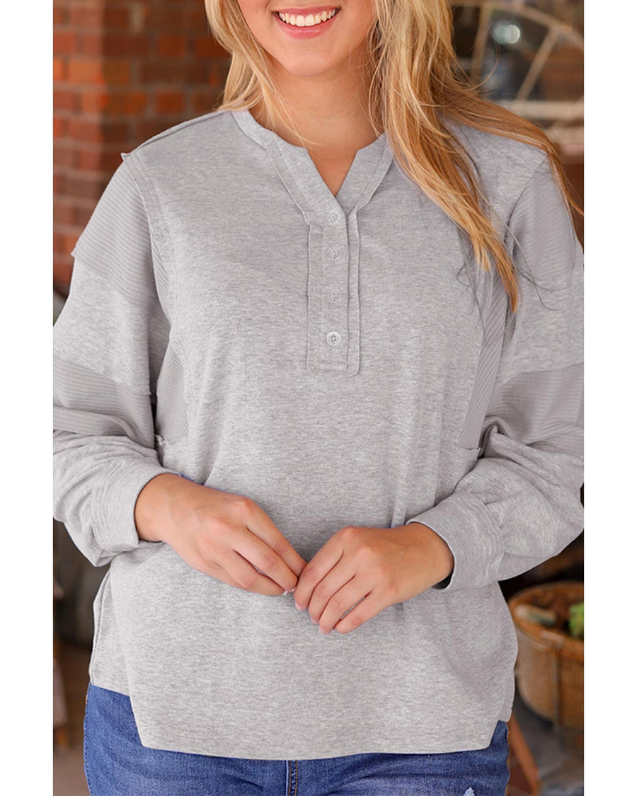 Gray Waffle Patchwork Dolman Sleeve Henley Top - XL