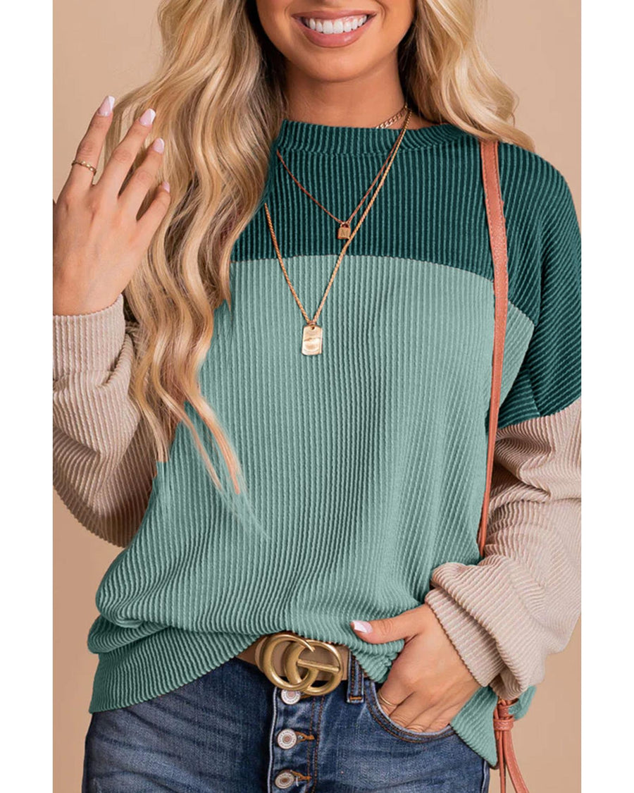 Green Color Block Long Sleeve Ribbed Loose Top - M