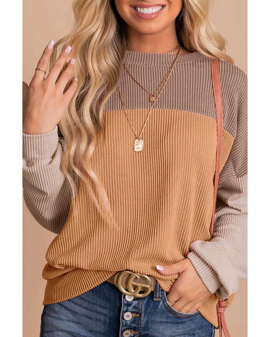 Khaki Color Block Long Sleeve Ribbed Loose Top - M