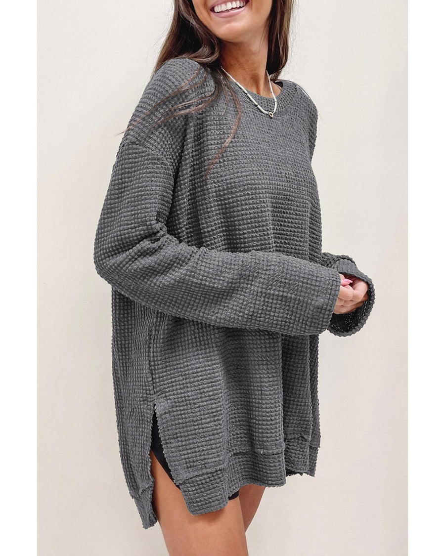 Gray Waffle Knit High Slits Oversized Top - L