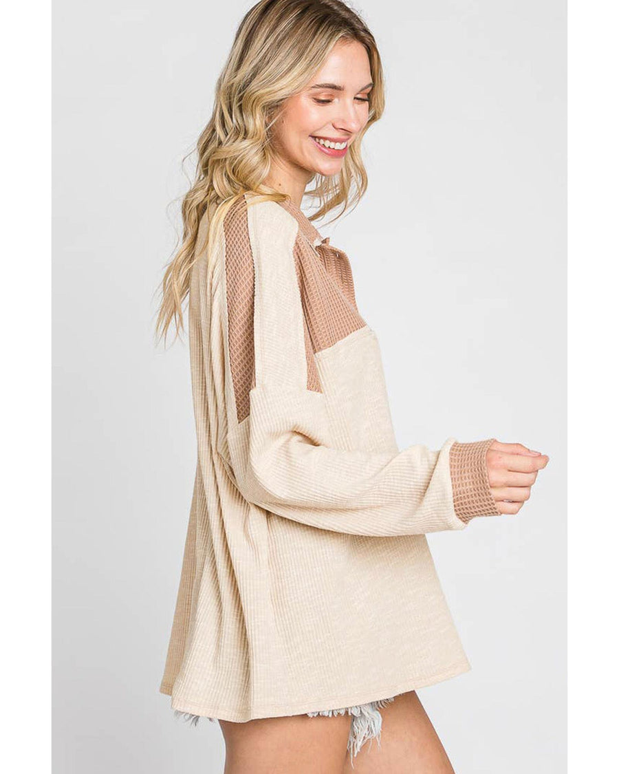 Apricot Oversized Knit Top With Waffle Contrast - M
