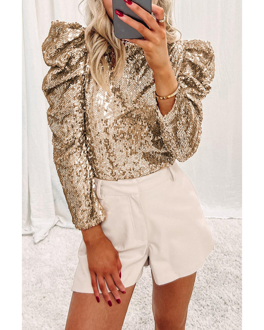 Azura Exchange Sequin Mock Neck Bubble Sleeve Top - L
