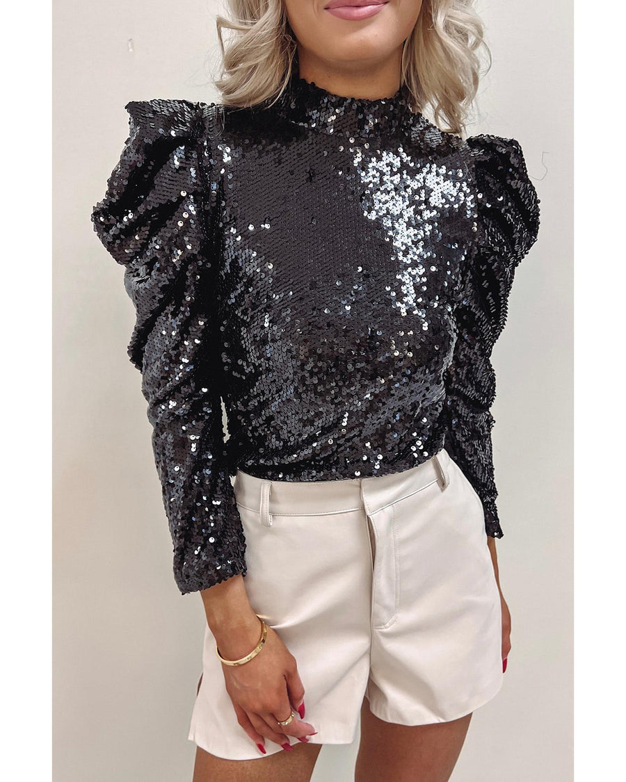 Black Sequin Mock Neck Bubble Sleeve Top - M