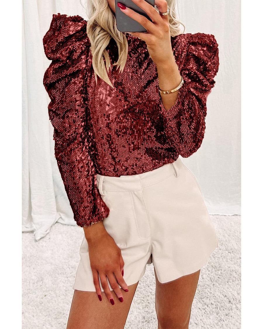Burgundy Sequin Mock Neck Bubble Sleeve Top - L
