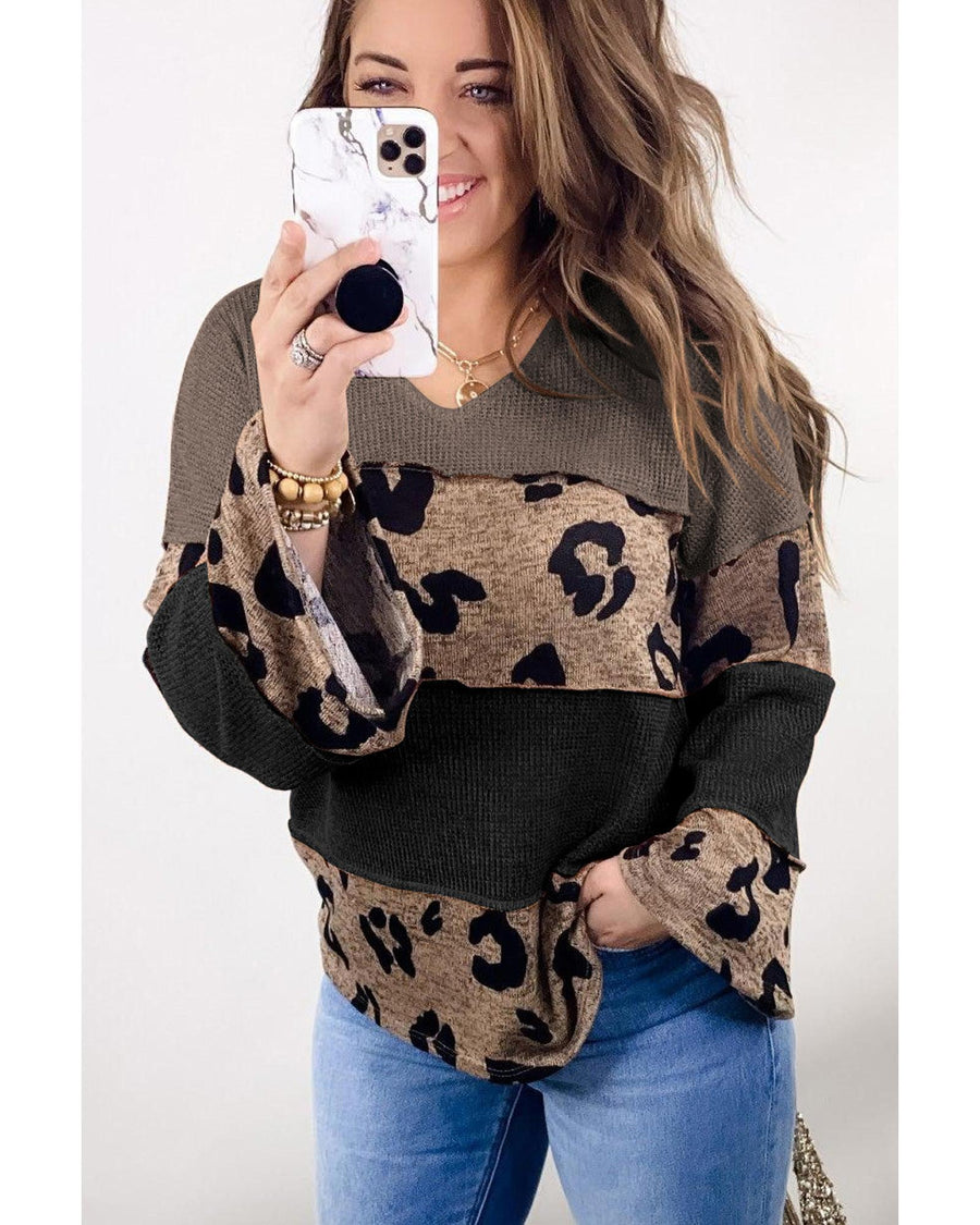 Multicolour Colorblock Patchwork V-Neck Loose Sleeve Knit Top - L