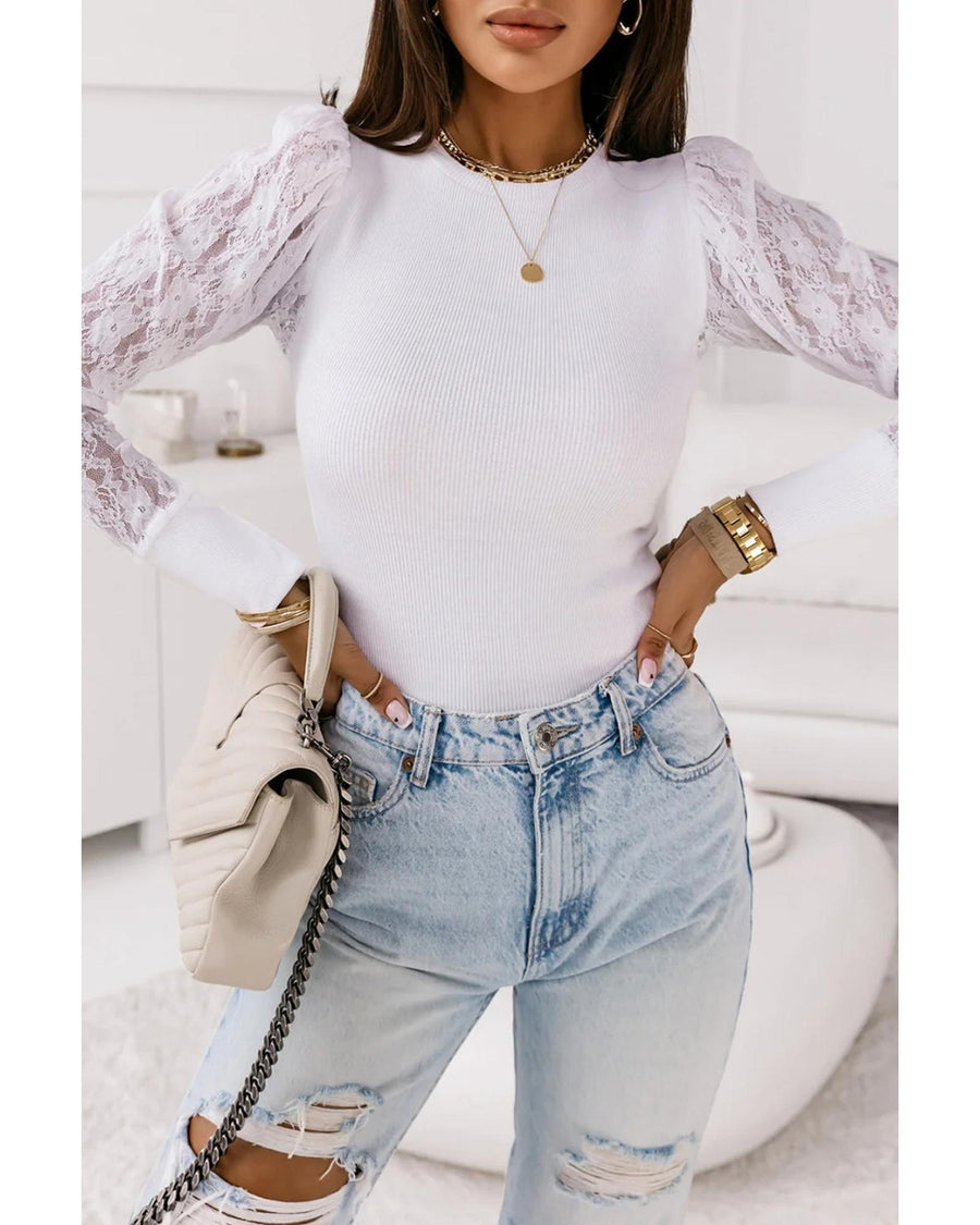 White Lace Splicing Sleeve Ribbed Slim Top - L