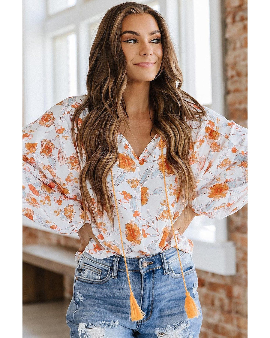 White Tassel Tie V Neck Bubble Sleeve Floral Blouse - L