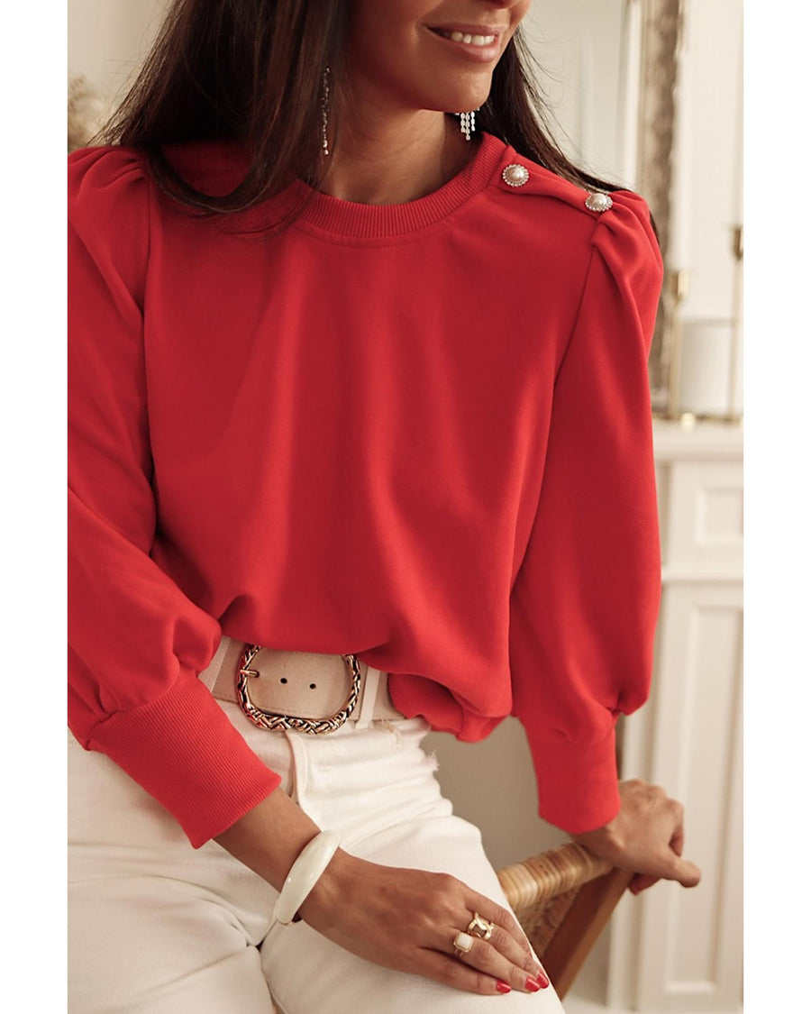 Red Button Tab Detail Long Sleeve Top - L