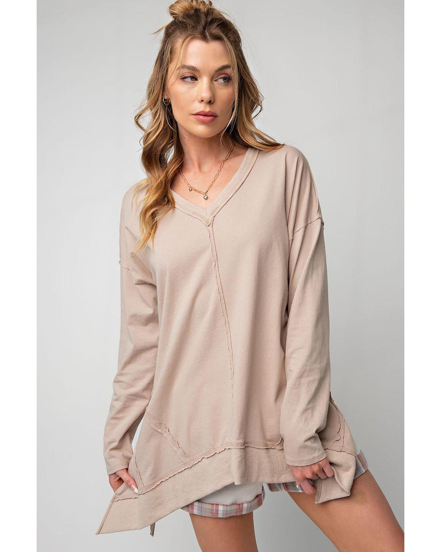 Apricot Exposed Seam V Neck Split Hem Tunic Top - S