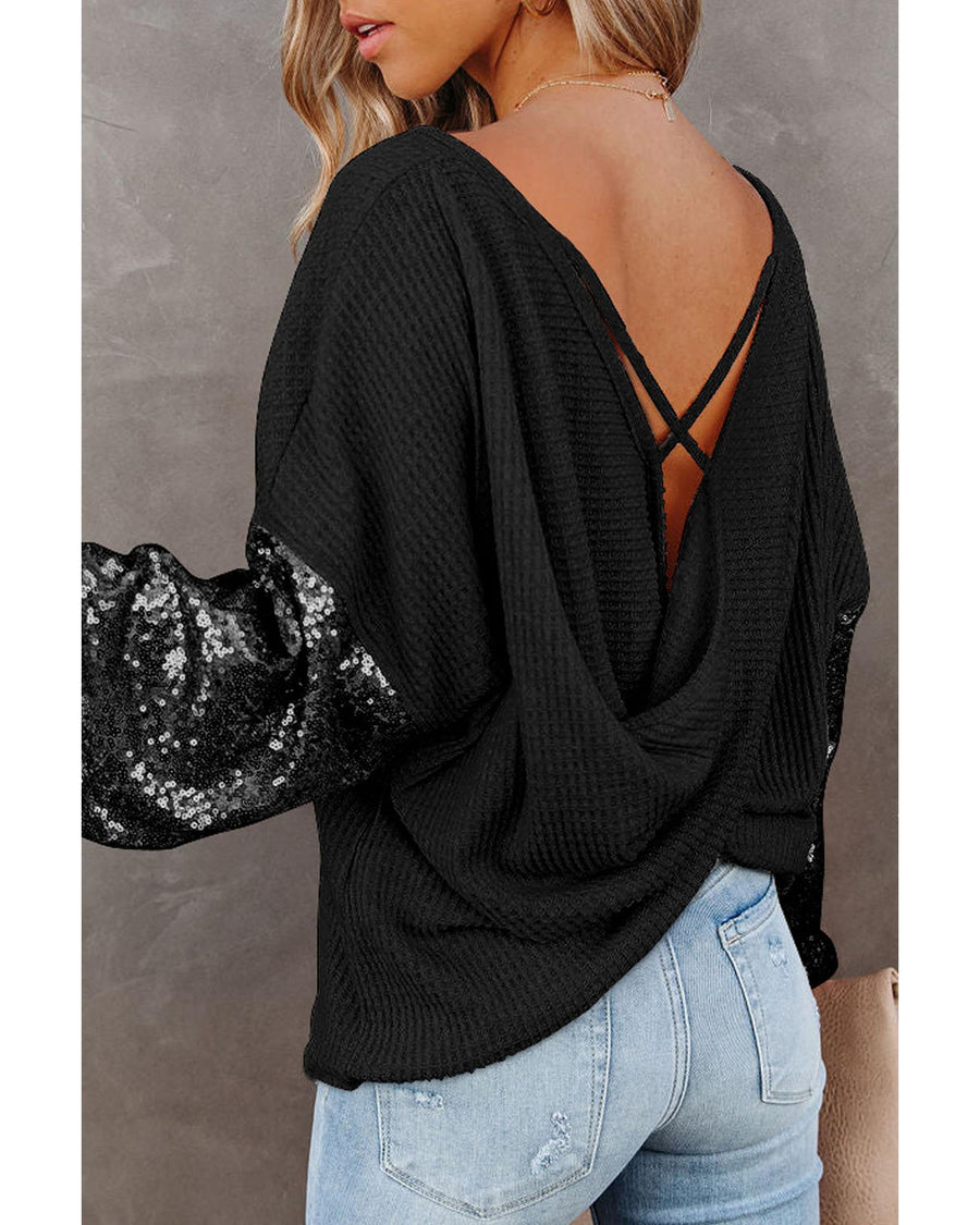 Black Sequin Patchwork Sleeve Open Back Waffle Knit Top - L