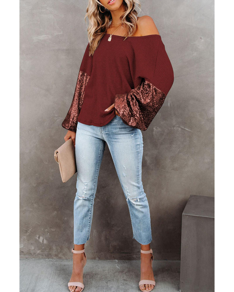 Biking Red Sequin Patchwork Sleeve Open Back Waffle Knit Top - M
