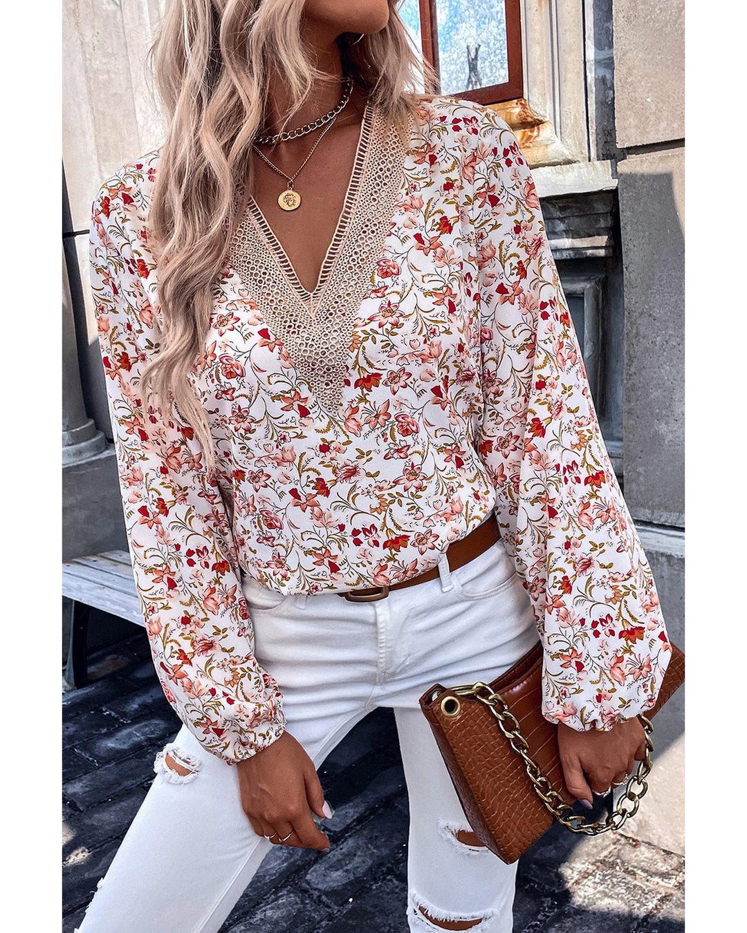 Azura Exchange Floral Lace V-Neck Blouse - S