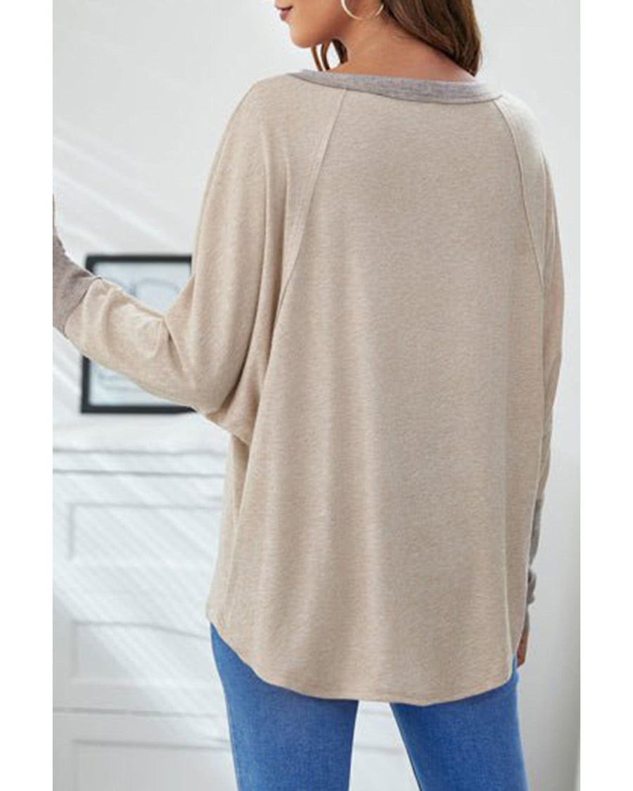 Khaki Contrast Cuffs Batwing Sleeve Loose Top - S
